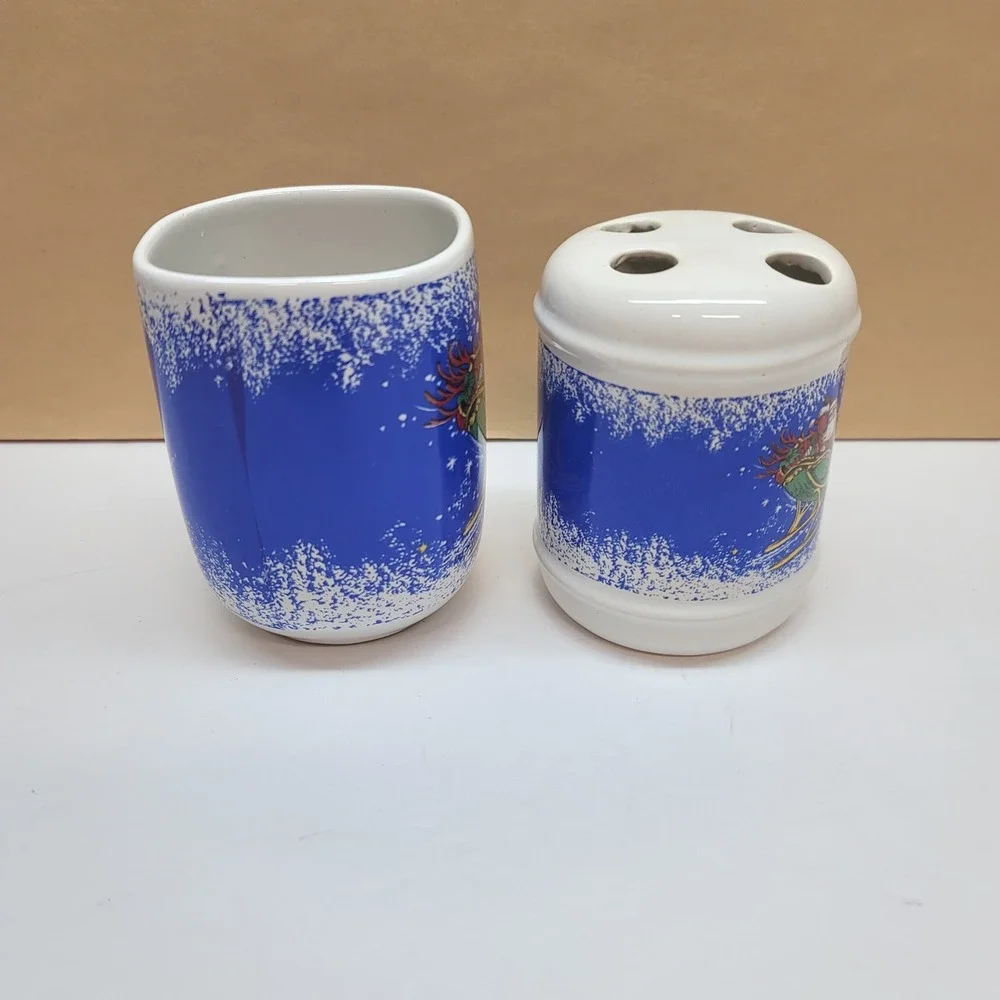 Vintage Christmas Santa Sleigh Ceramic Toothbrush Holder and Cup Set Blue White